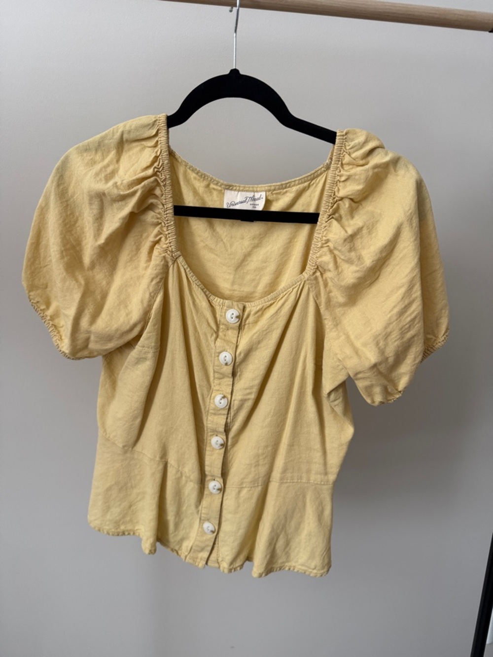 Pale Yellow Puff-Sleeve Button Front Blouse